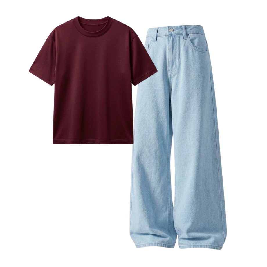 Iceblue Wide-Leg Baggy Jeans With Regular T-Shirt - Image 1