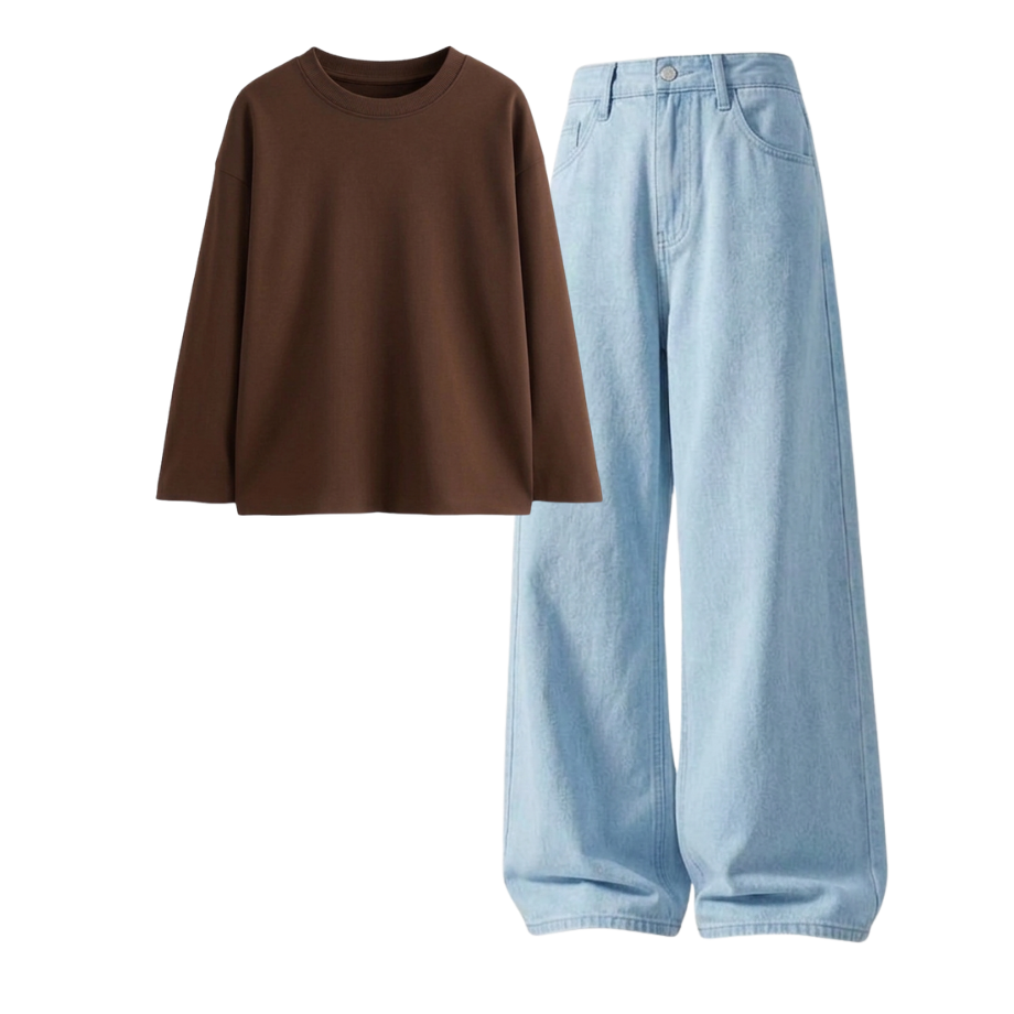Iceblue Wide-Leg Baggy Jeans With Full Sleeves T-Shirt