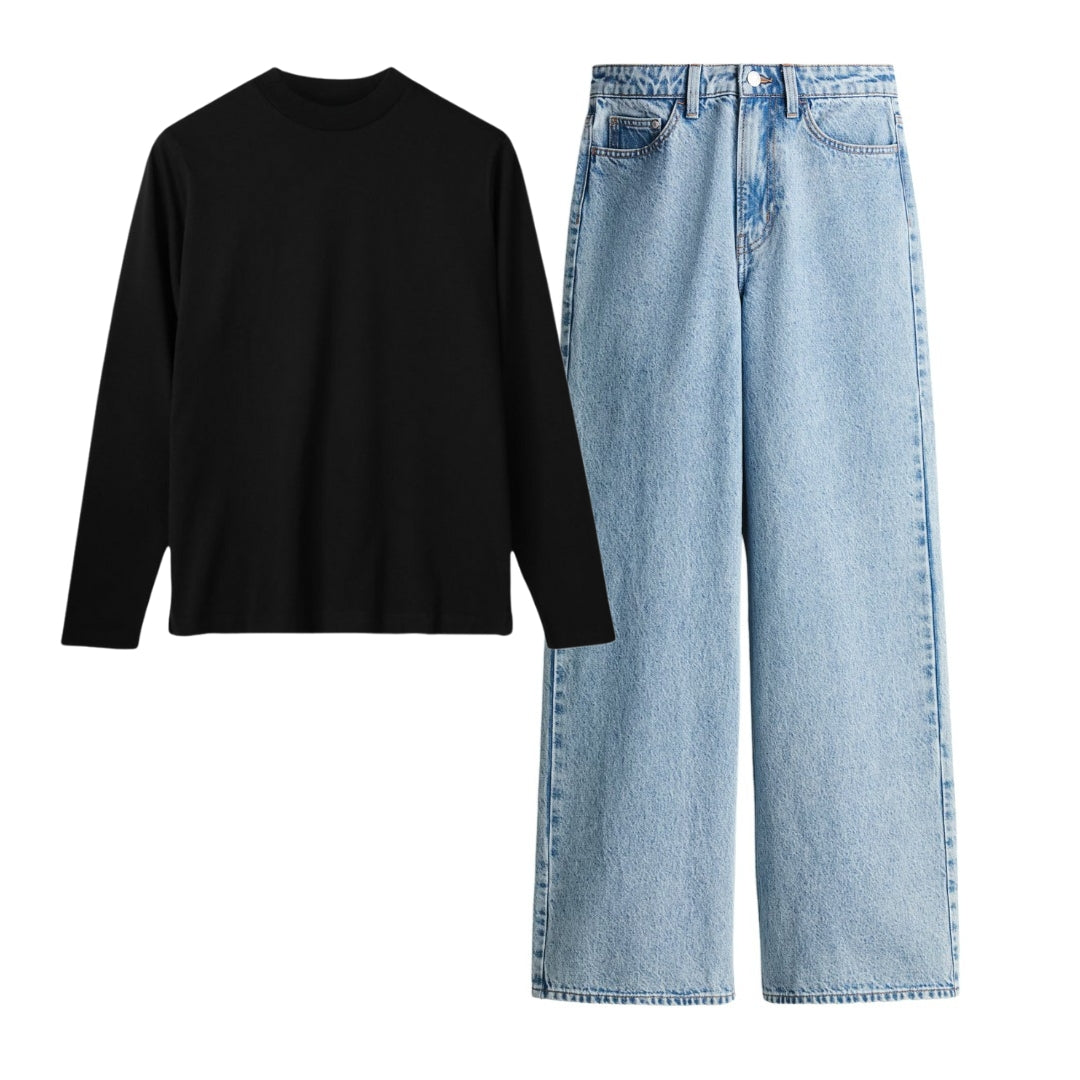Black Full Sleeves Tee With Ice Blue Jeans