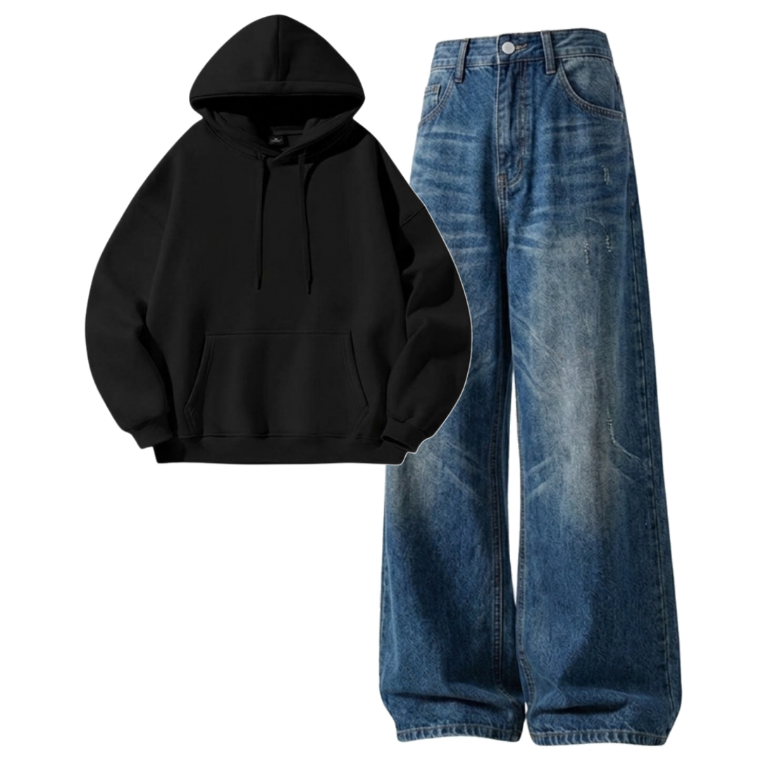 Navyblue Vintage Baggy Jeans With Hoodie
