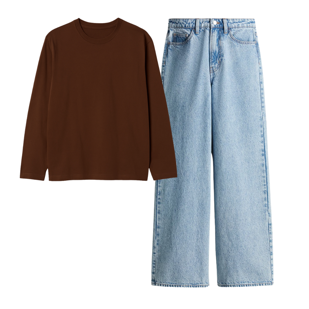 Brown Full Sleeves Tee With Ice Blue Jeans