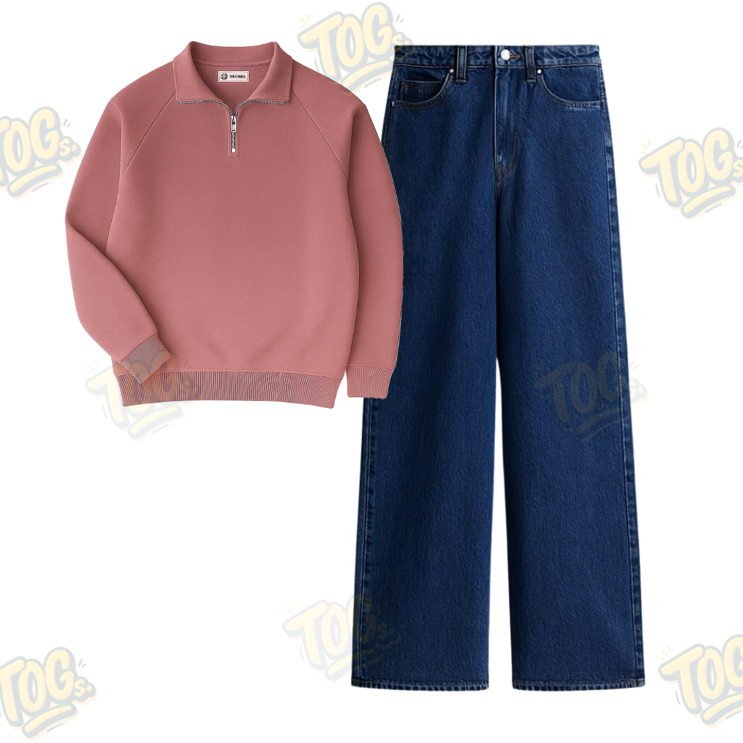 Dark Blue Wide Leg Baggy Jeans With Oversized Mockneck