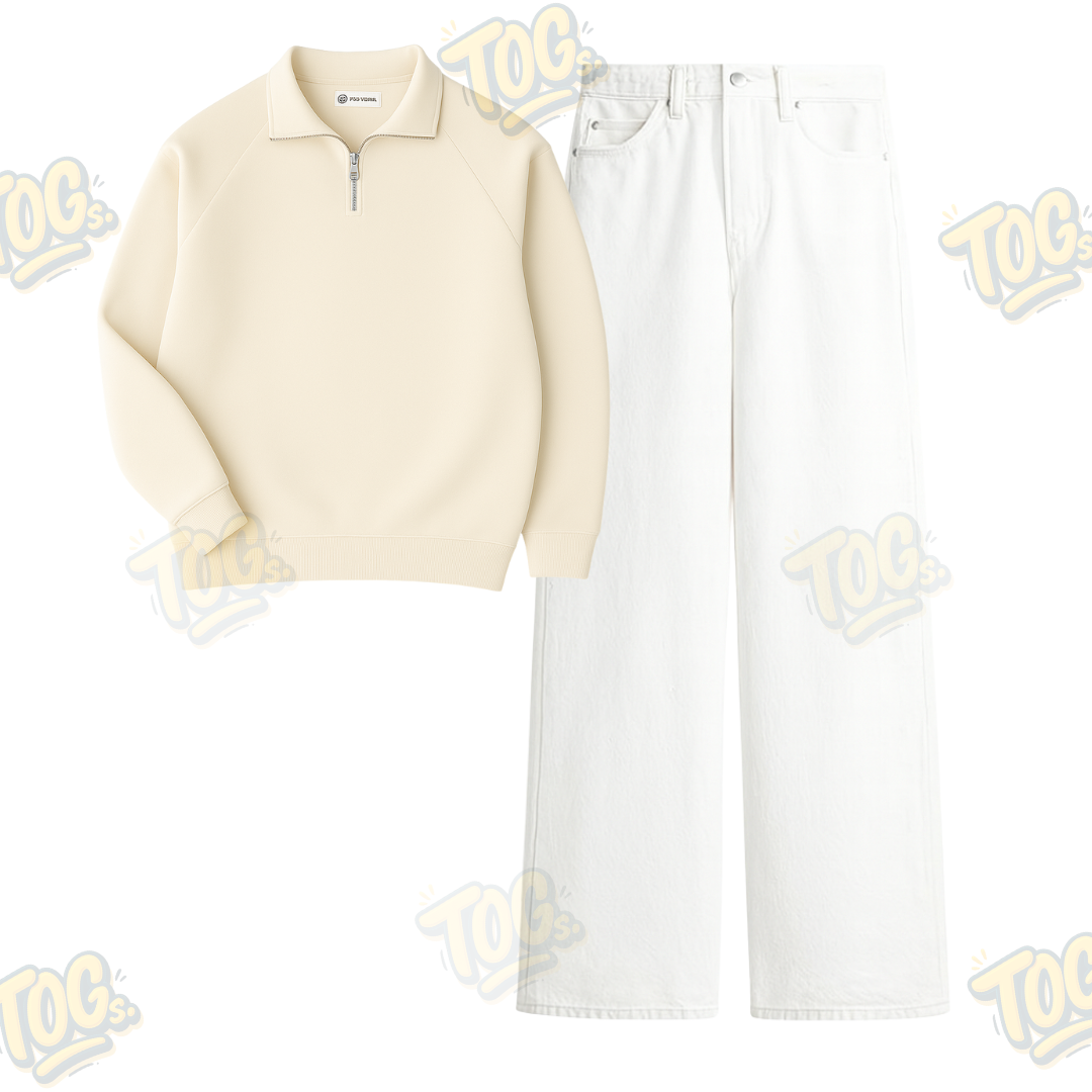 White Wide Leg Baggy Jeans With Oversized Mockneck