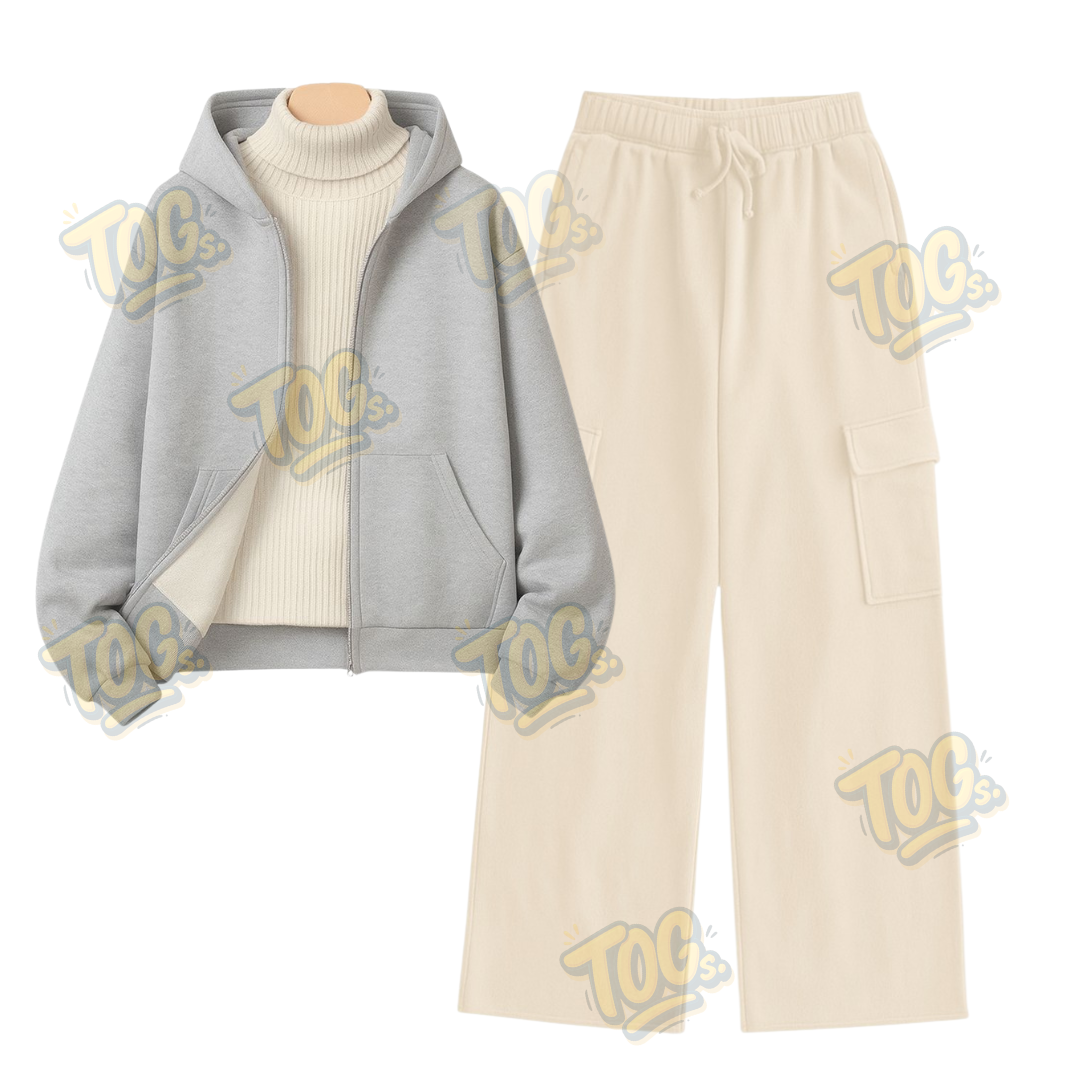 Straight Leg Cargo With LightGrey Zipper & White Highneck