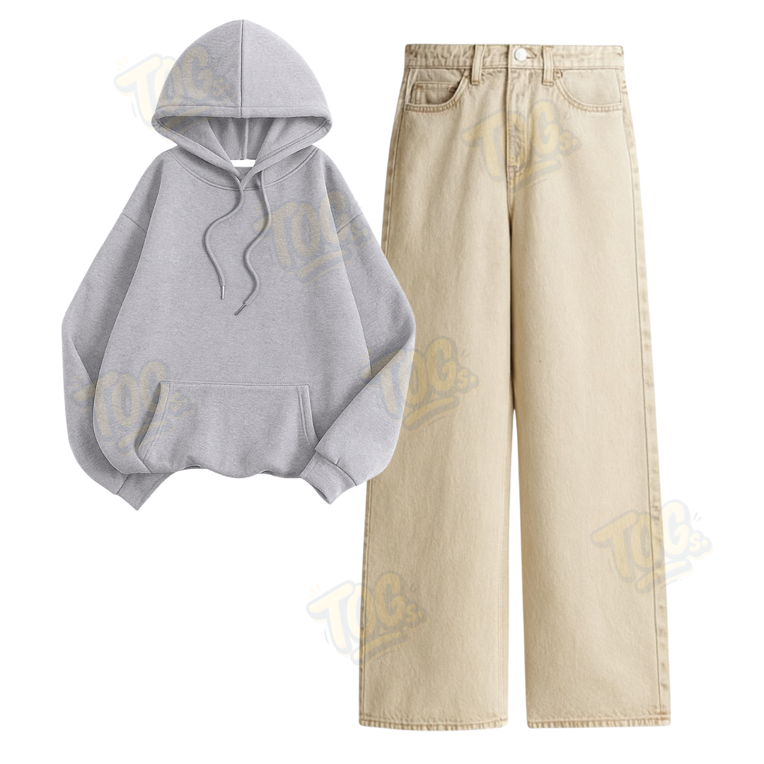 Beige Wide Leg Jeans with Oversized Hoodie