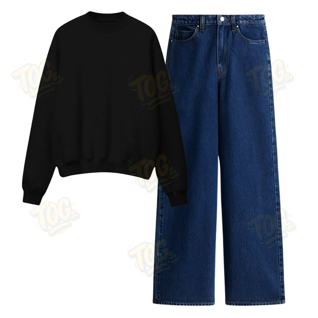 Dark Blue Wide Leg Jeans With Oversized Sweatshirt