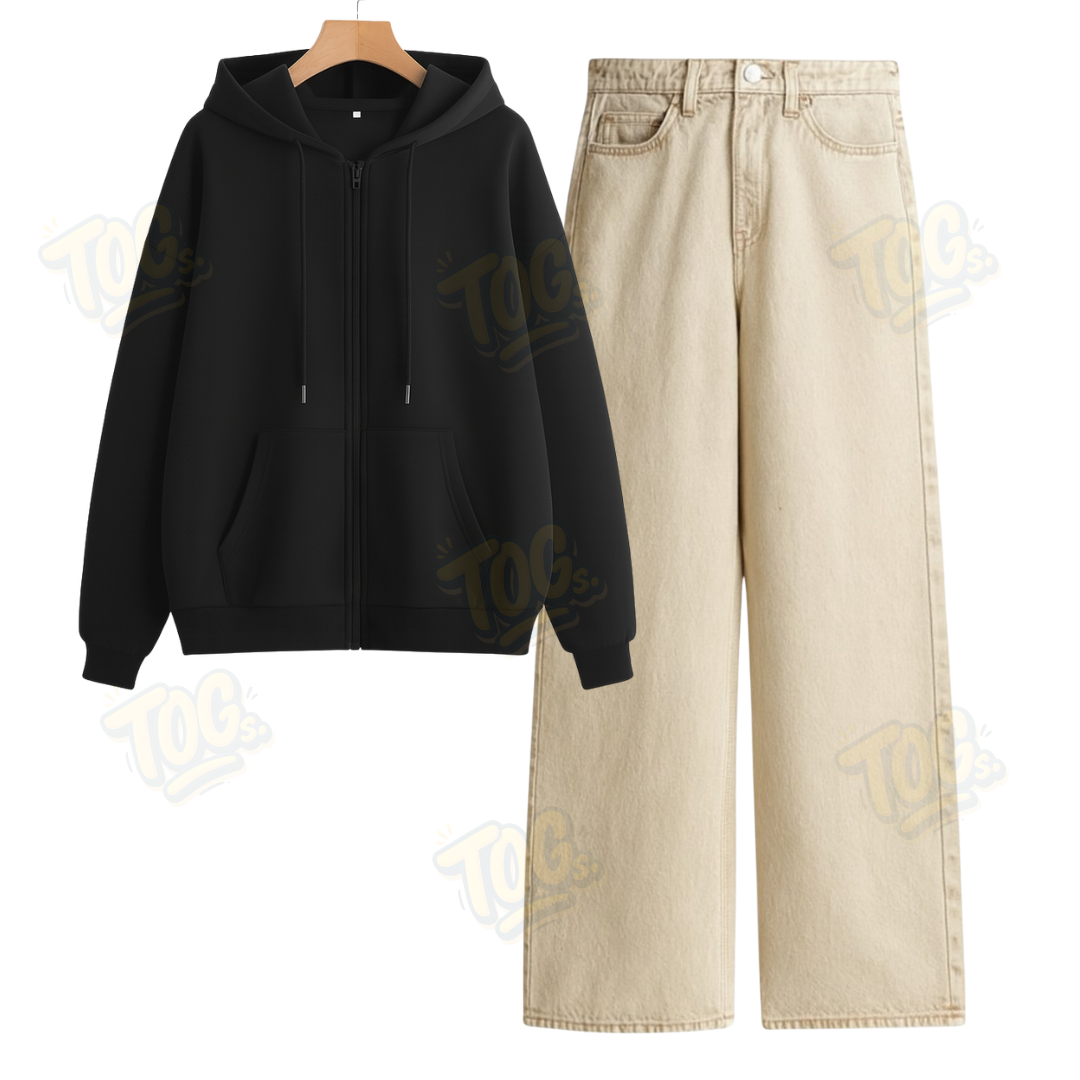 Beige Wide Leg Jeans With Oversized Zipper