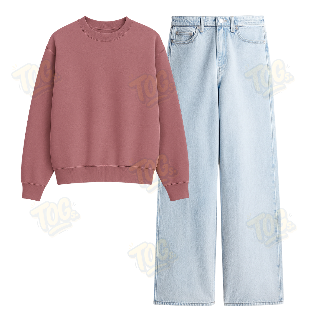 Ice Blue Wide Leg Jeans With Oversized Sweatshirt