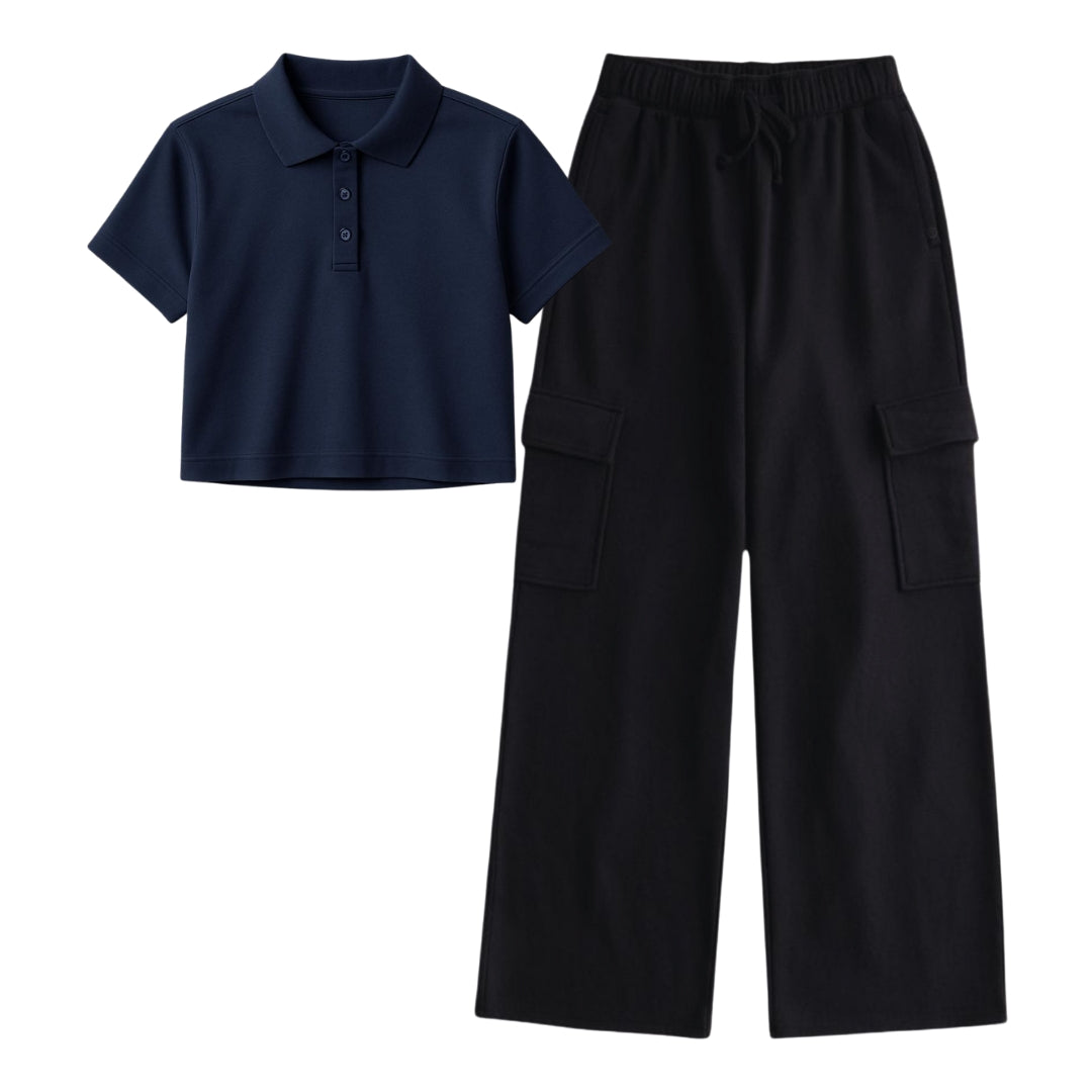 Navy Blue Crop Polo With Black Cargo
