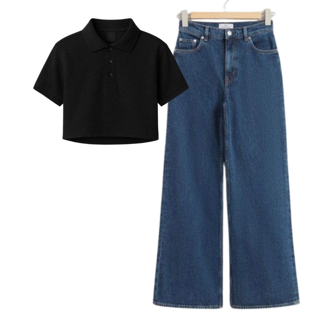 Black Crop Polo With Dark Blue Jeans