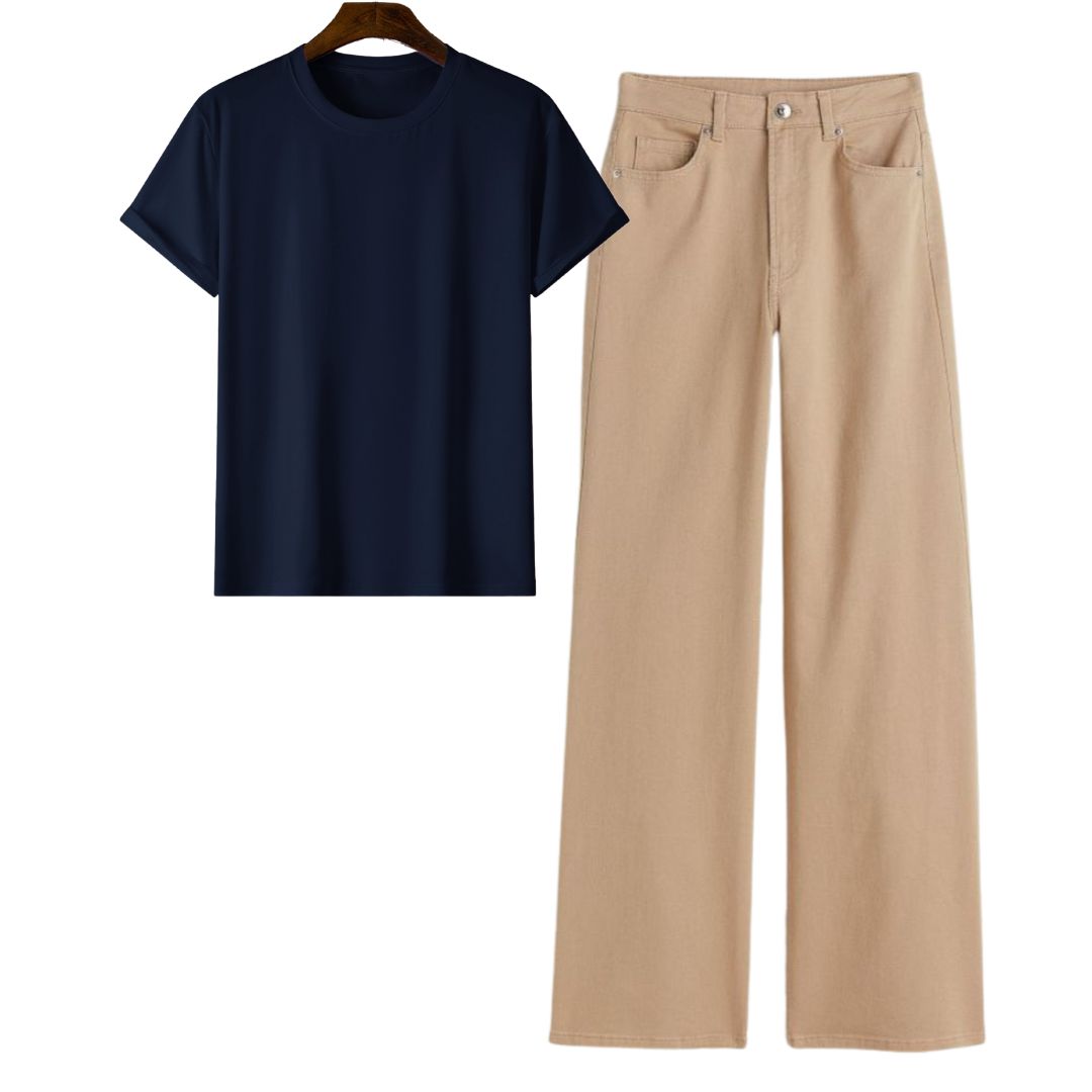 Navy Blue Regular Tee With Beige Jeans