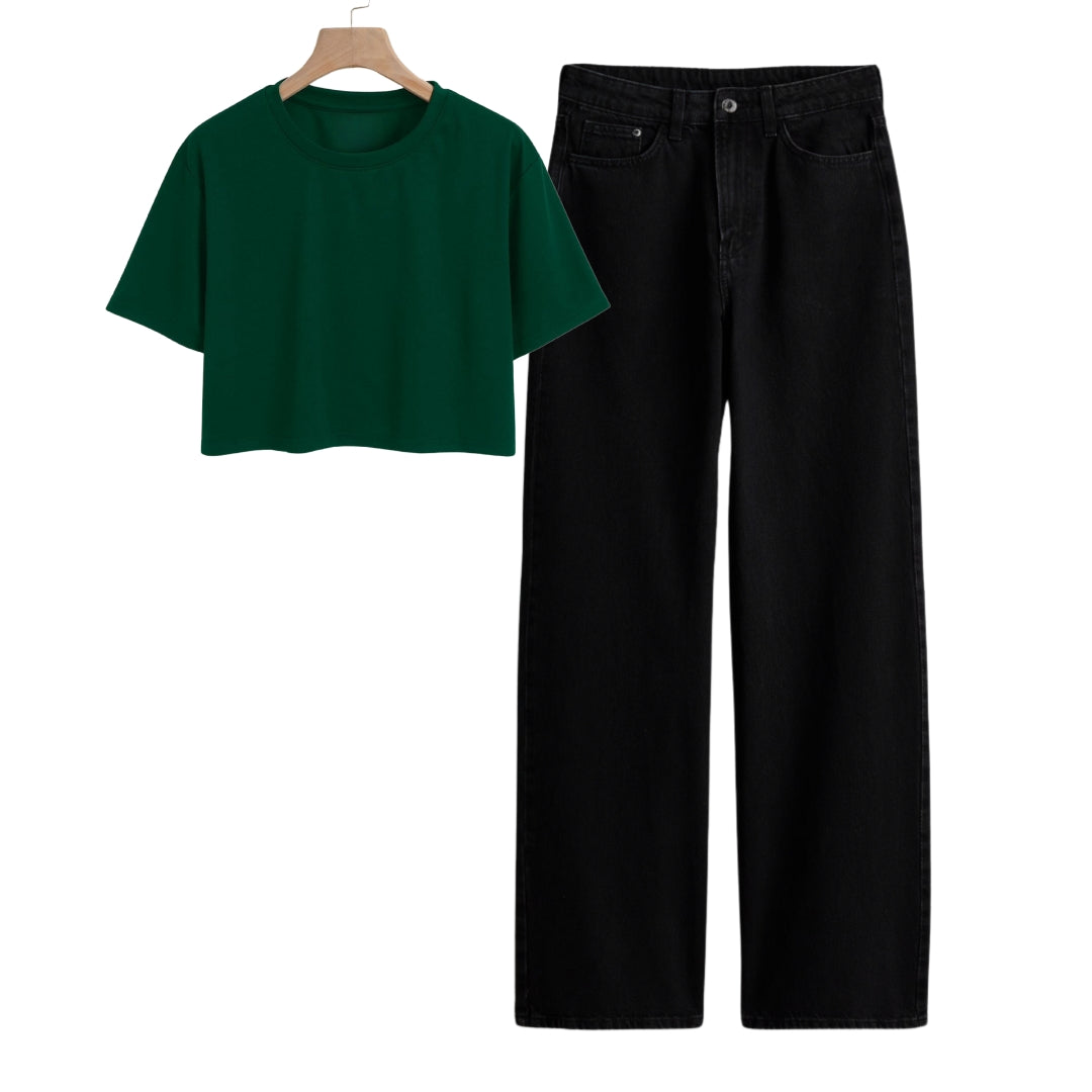 Dark Green Crop Tee With Black Jeans