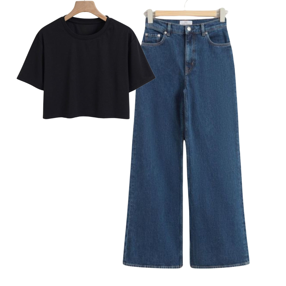 Black Crop Tee With Dark Blue Jeans