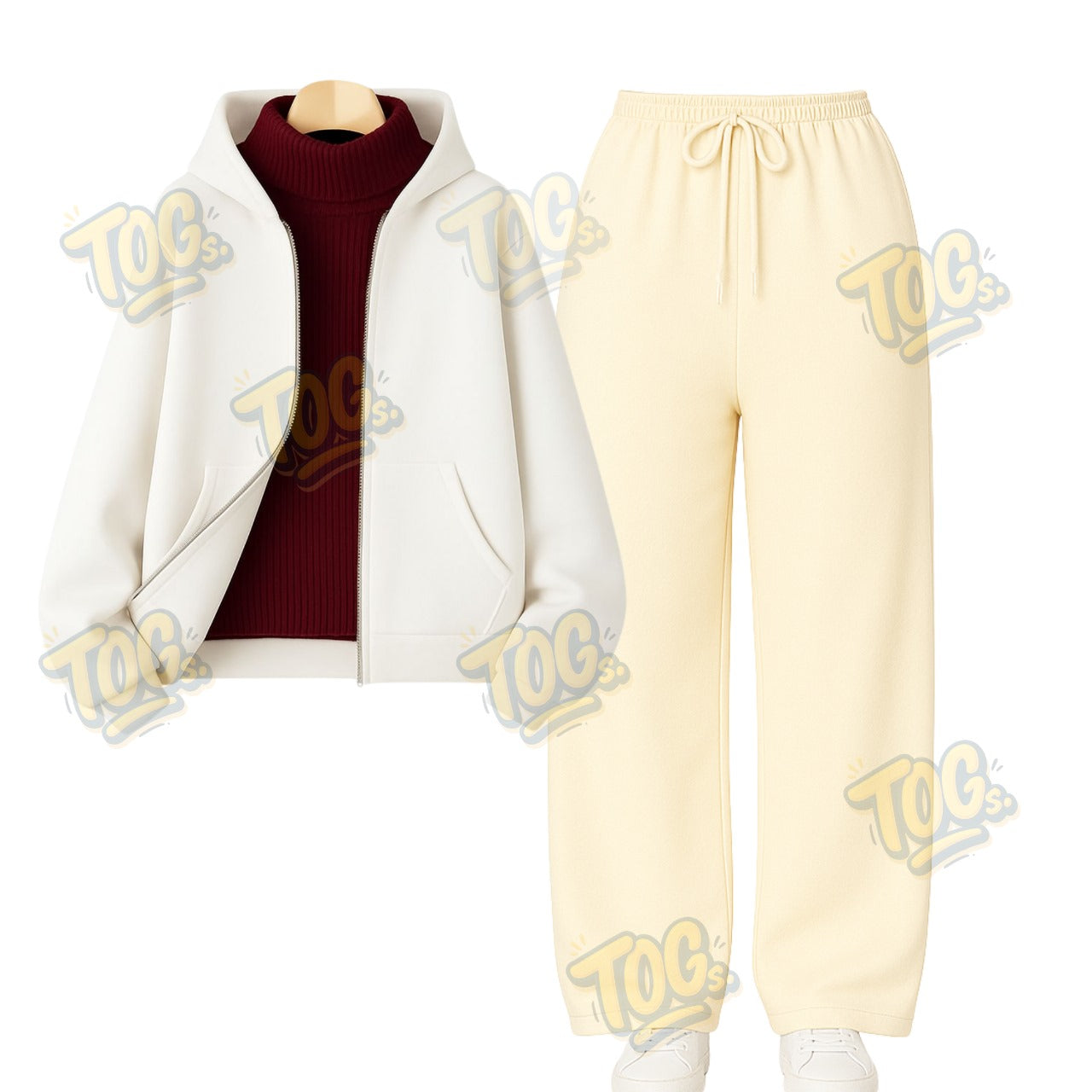 Straight Leg Trouser With White Zipper & Maroon Highneck