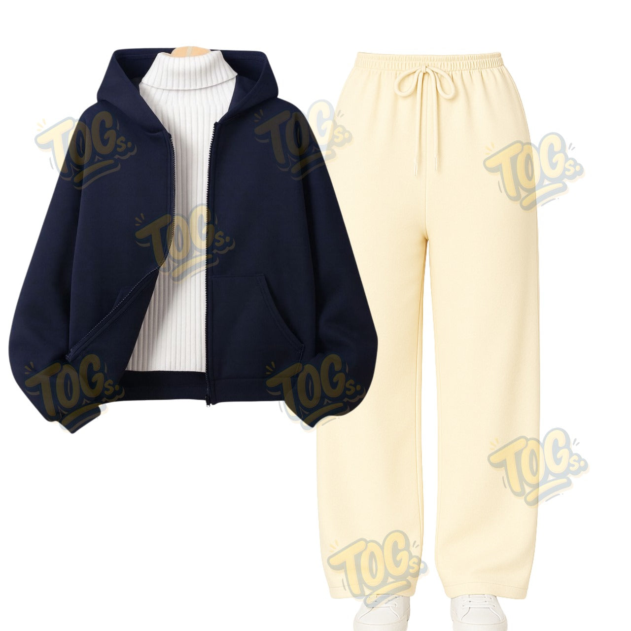 Straight Leg Trouser With Navy Blue Zipper & White Highneck