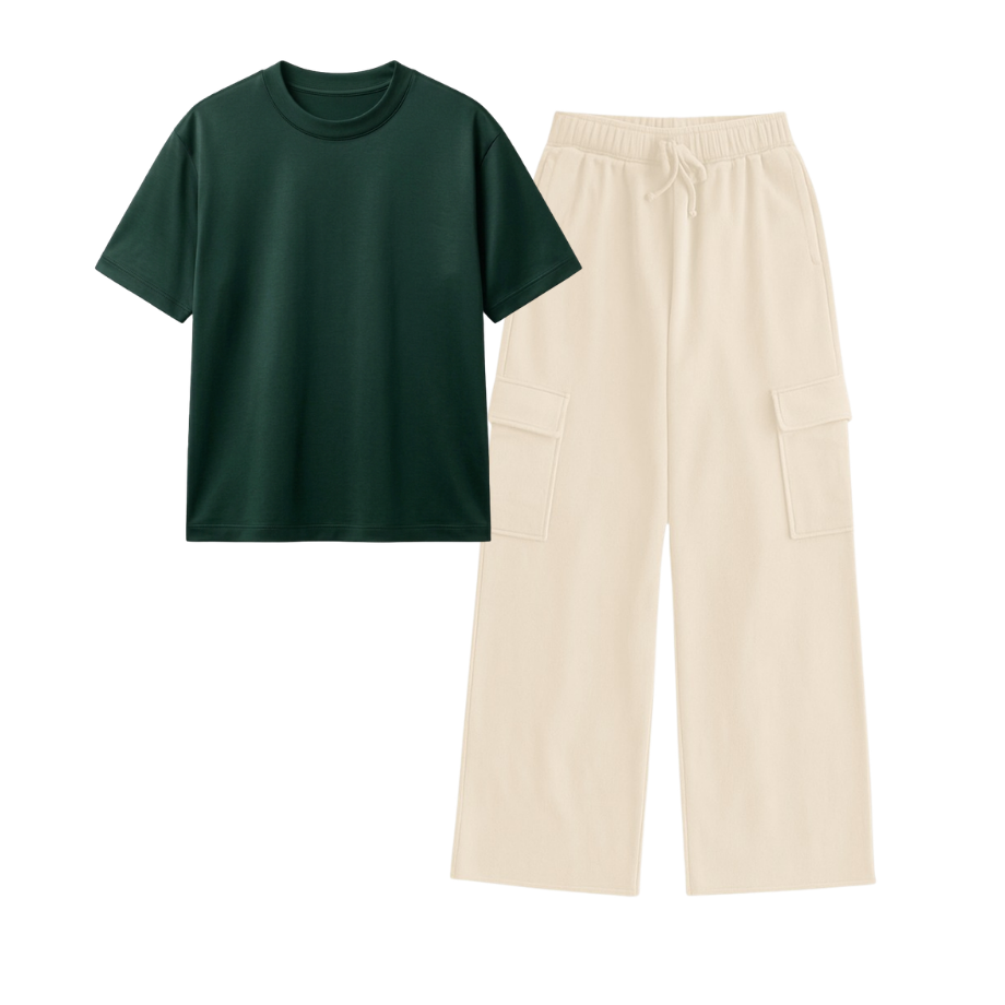 Cream Wide-Leg Cargo With Regular T-Shirt