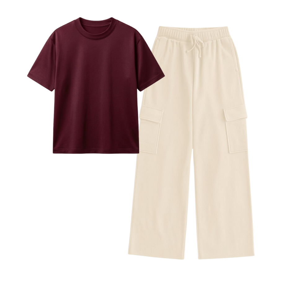 Cream Wide-Leg Cargo With Regular T-Shirt