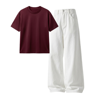 White Wide-Leg Baggy Jeans With Regular T-Shirt