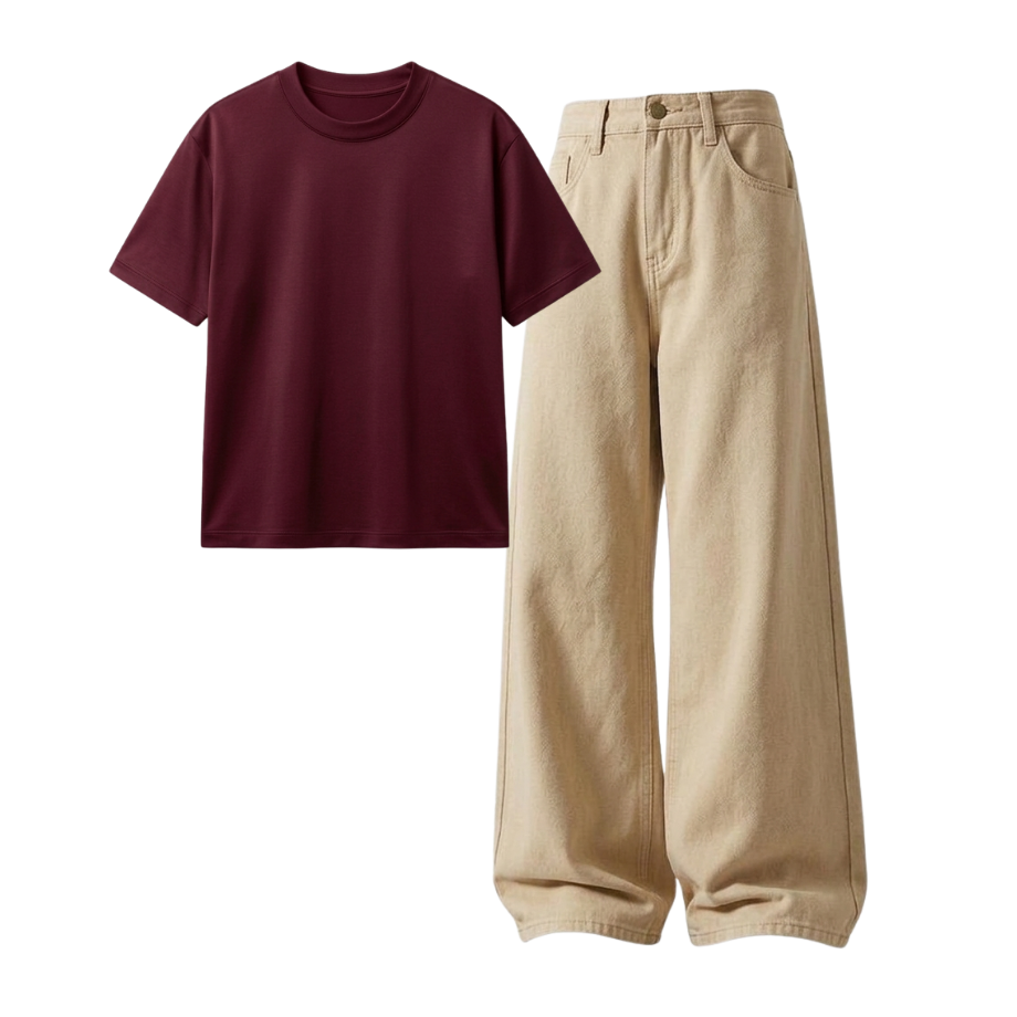 Beige Wide-Leg Baggy Jeans With Regular T-Shirt