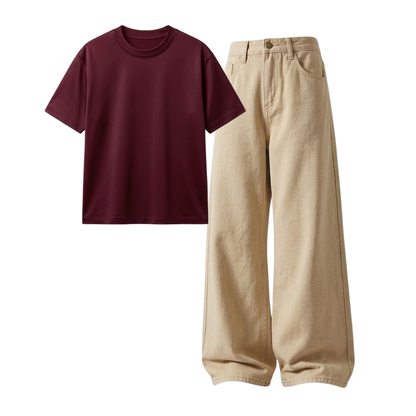 Beige Wide-Leg Baggy Jeans With Regular T-Shirt