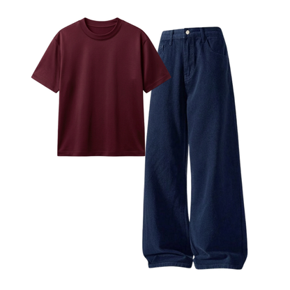 Darkblue Wide-Leg Baggy Jeans With Regular T-Shirt