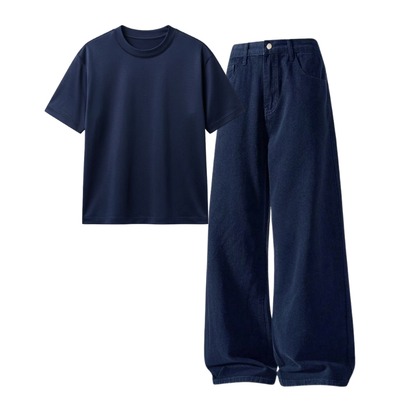 Darkblue Wide-Leg Baggy Jeans With Regular T-Shirt