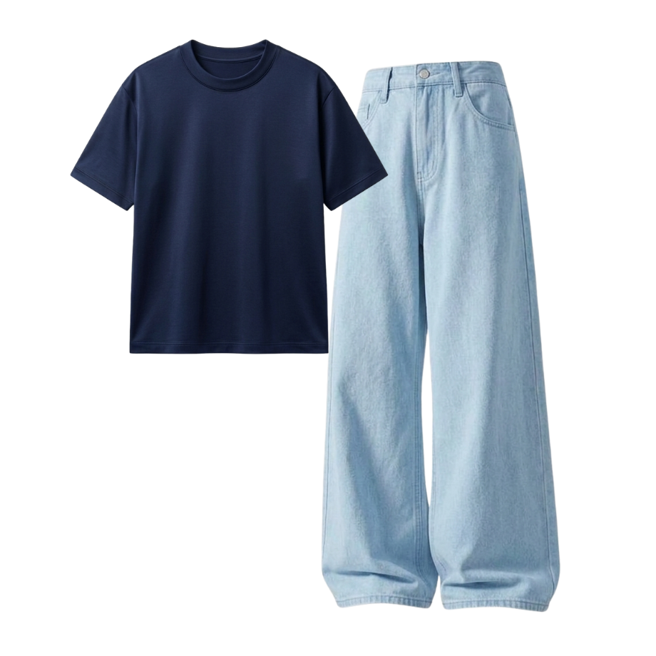 Iceblue Wide-Leg Baggy Jeans With Regular T-Shirt