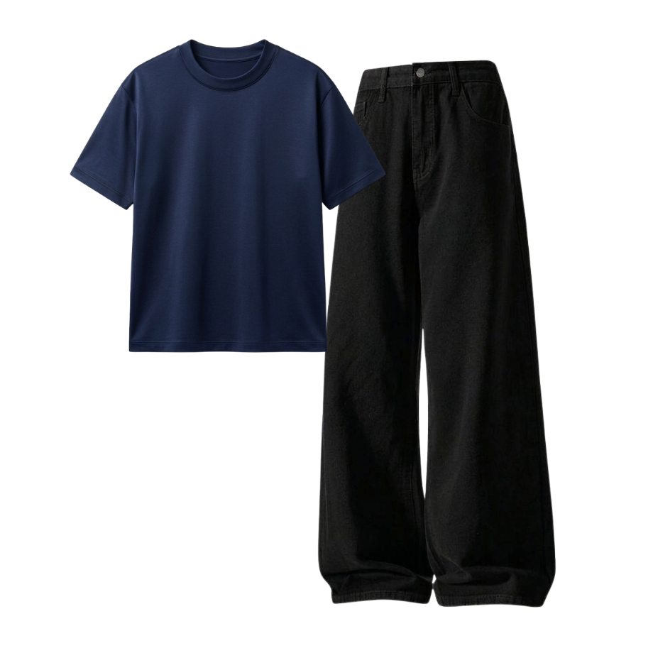Black Wide-Leg Baggy Jeans With Regular T-Shirt