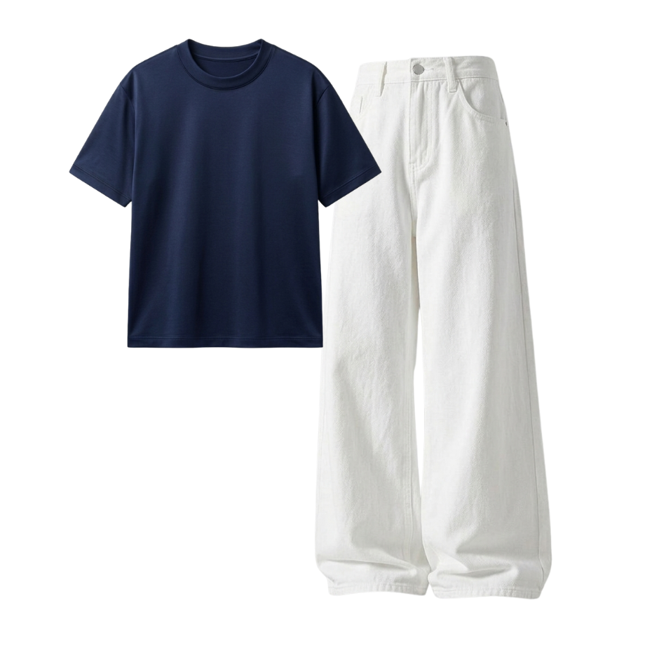 White Wide-Leg Baggy Jeans With Regular T-Shirt