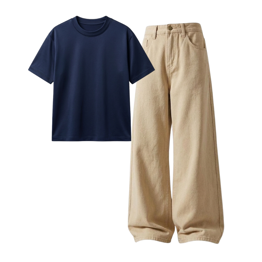 Beige Wide-Leg Baggy Jeans With Regular T-Shirt