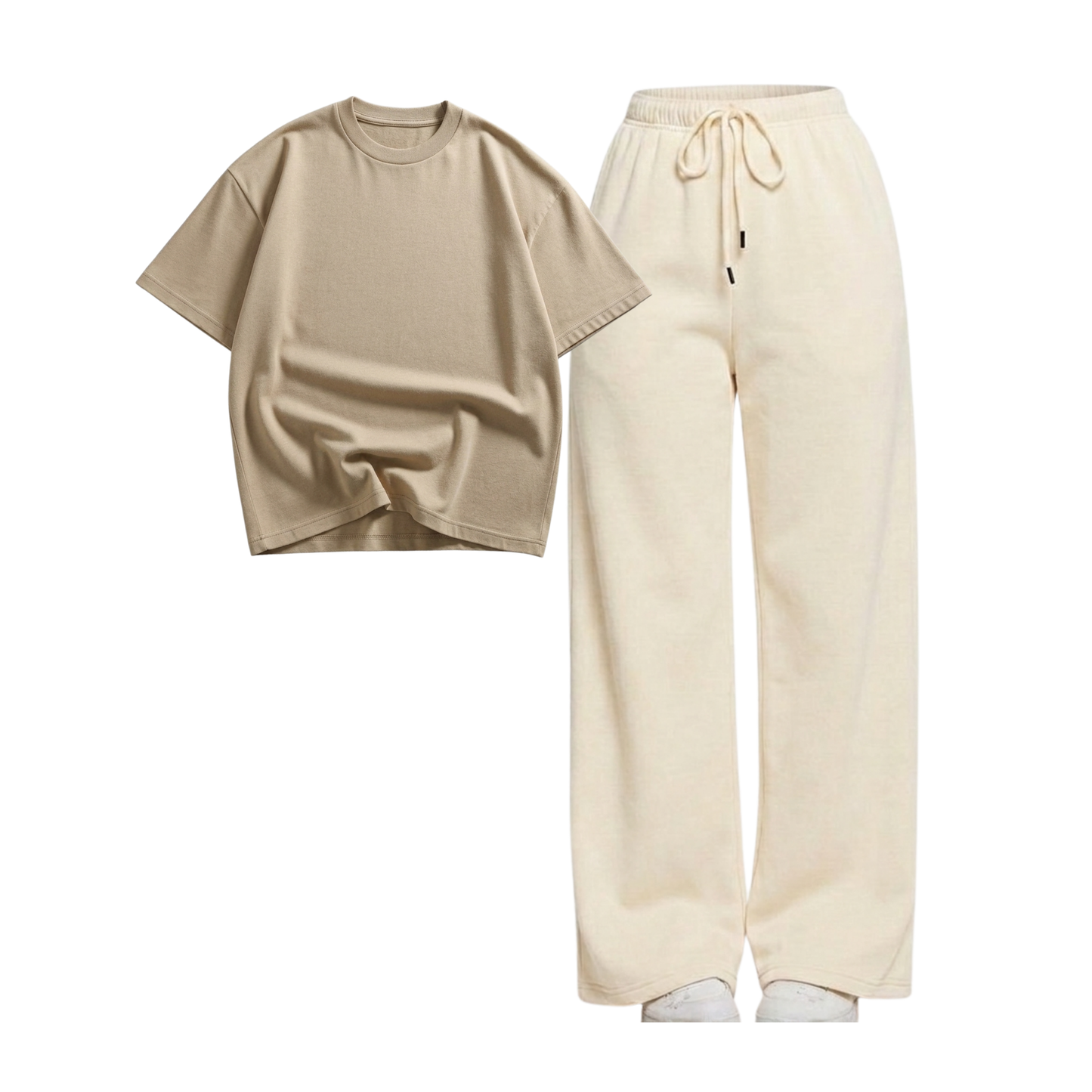Beige Wide-Leg Trouser With Oversized Drop Shoulder T-Shirt