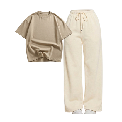 Beige Wide-Leg Trouser With Oversized Drop Shoulder T-Shirt