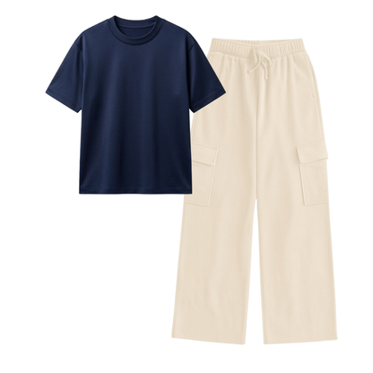 Cream Wide-Leg Cargo With Regular T-Shirt