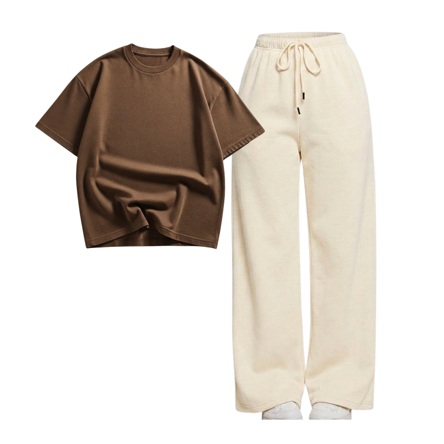 Beige Wide-Leg Trouser With Oversized Drop Shoulder T-Shirt