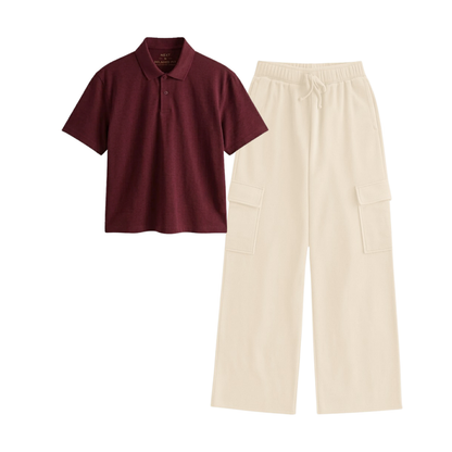 Cream Wide-Leg Cargo With Crop Polo