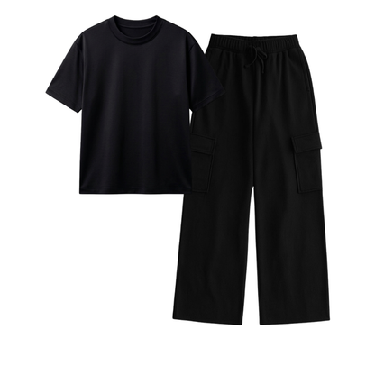 Black Wide-Leg Cargo With Regular T-Shirt