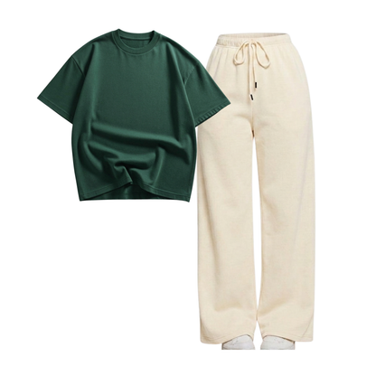 Beige Wide-Leg Trouser With Oversized Drop Shoulder T-Shirt