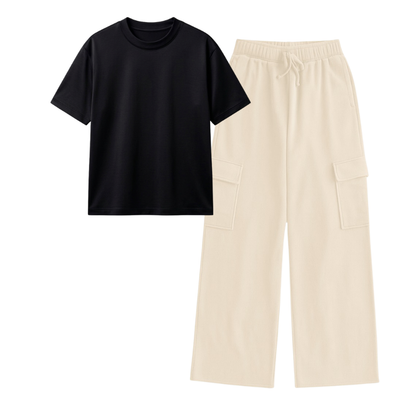 Cream Wide-Leg Cargo With Regular T-Shirt
