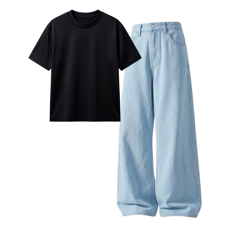 Iceblue Wide-Leg Baggy Jeans With Regular T-Shirt