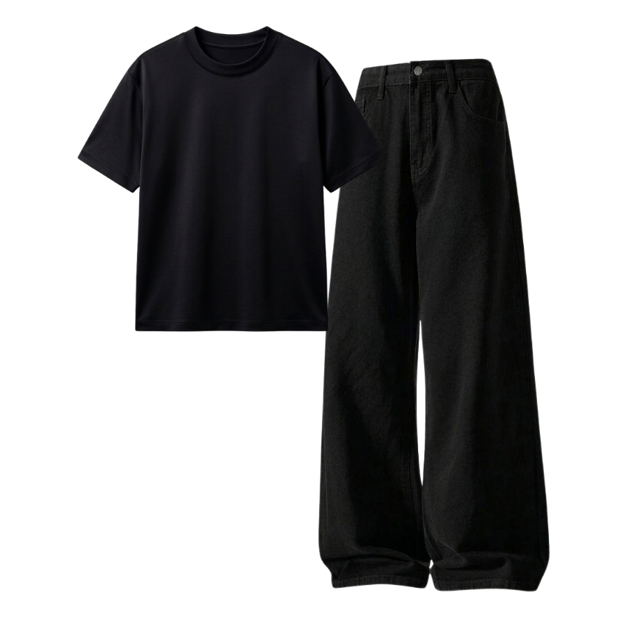 Black Wide-Leg Baggy Jeans With Regular T-Shirt