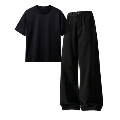 Black Wide-Leg Baggy Jeans With Regular T-Shirt