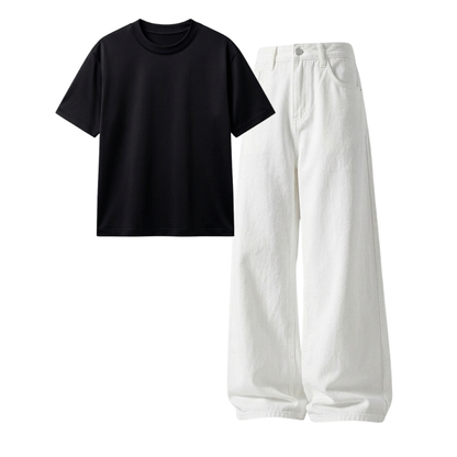 White Wide-Leg Baggy Jeans With Regular T-Shirt