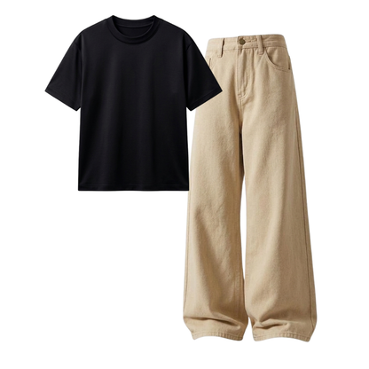 Beige Wide-Leg Baggy Jeans With Regular T-Shirt
