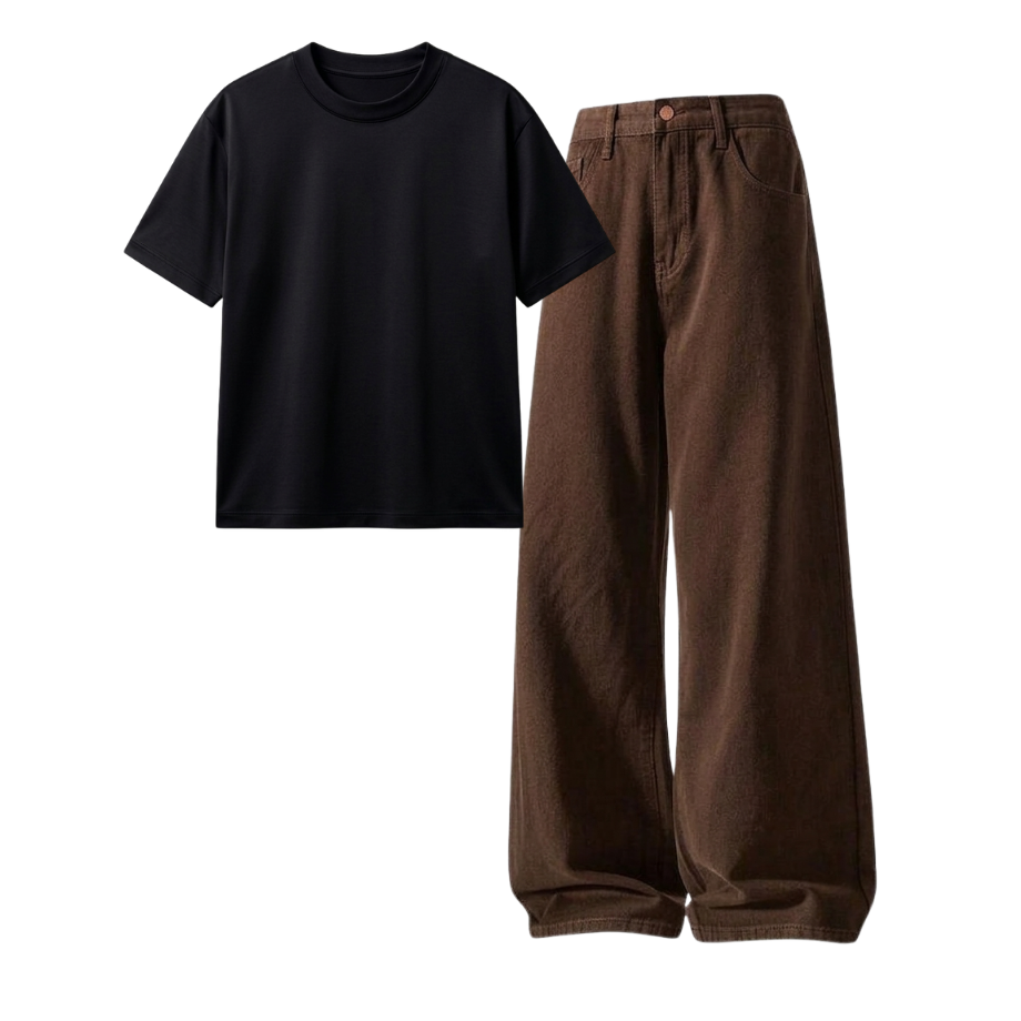 Brown Wide-Leg Baggy Jeans With Regular T-Shirt