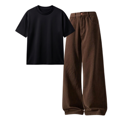 Brown Wide-Leg Baggy Jeans With Regular T-Shirt