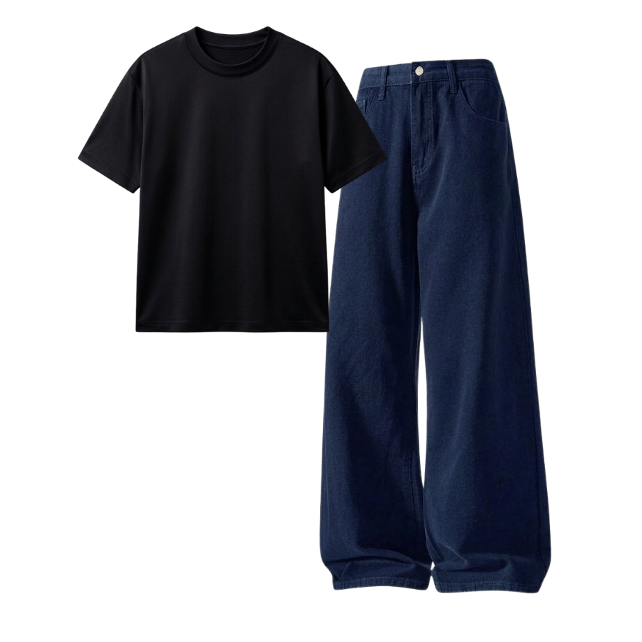 Darkblue Wide-Leg Baggy Jeans With Regular T-Shirt
