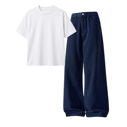 Darkblue Wide-Leg Baggy Jeans With Regular T-Shirt