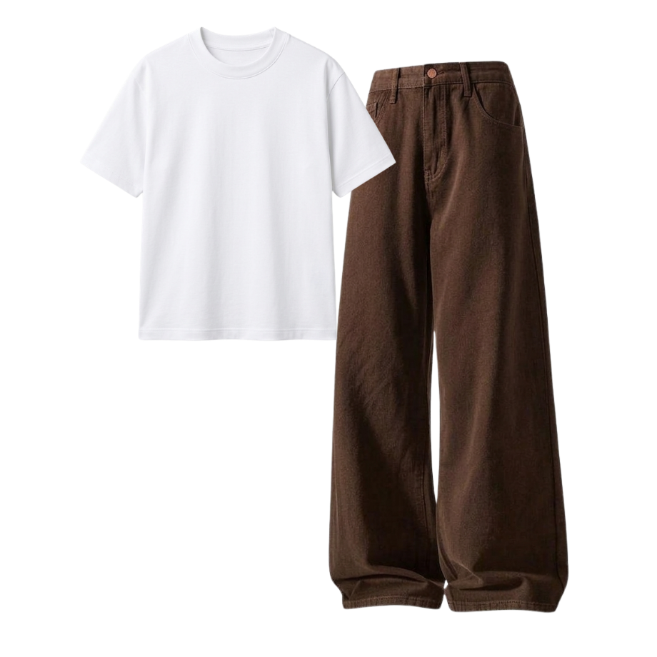 Brown Wide-Leg Baggy Jeans With Regular T-Shirt