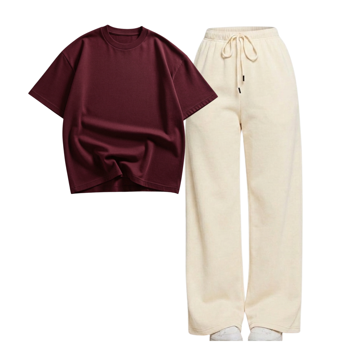 Beige Wide-Leg Trouser With Oversized Drop Shoulder T-Shirt