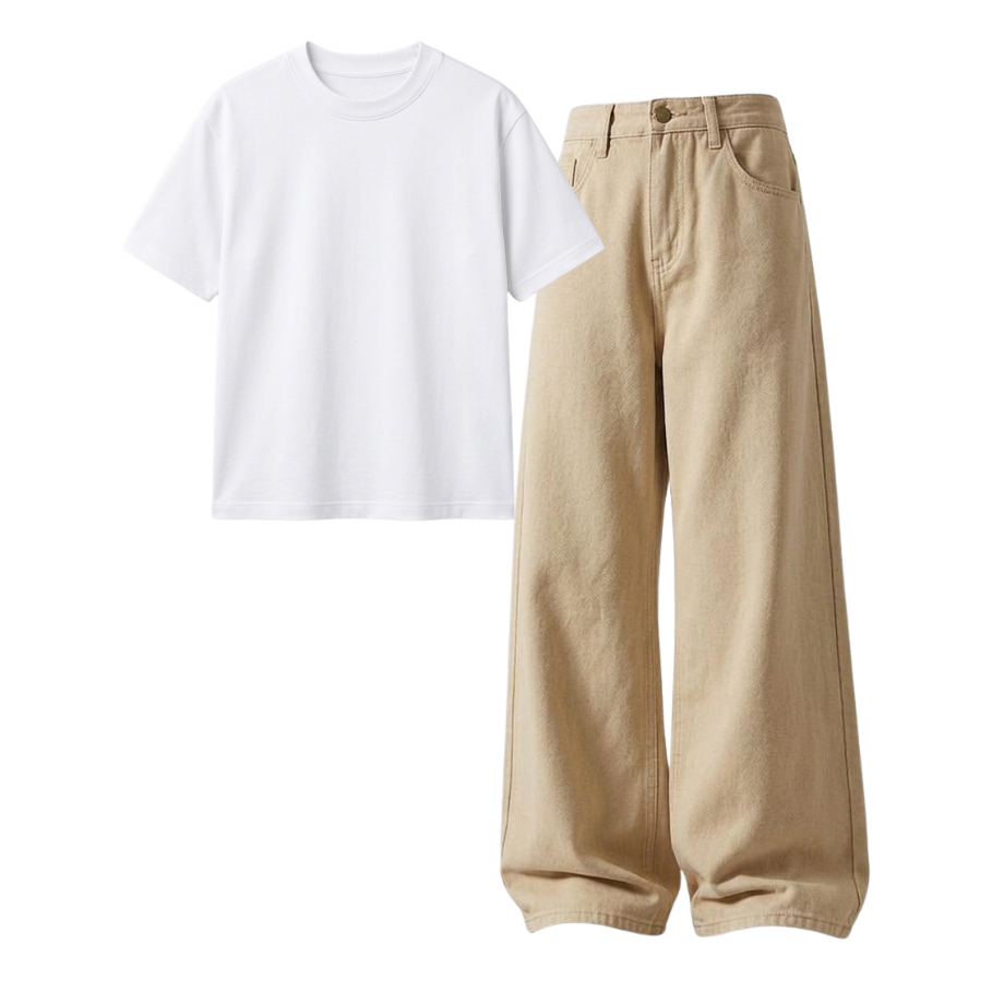 Beige Wide-Leg Baggy Jeans With Regular T-Shirt